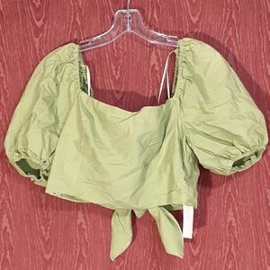 LALAVON 2 Piece Short Set Crop Square Neck Top Puffy Sleeves Greenish NWT